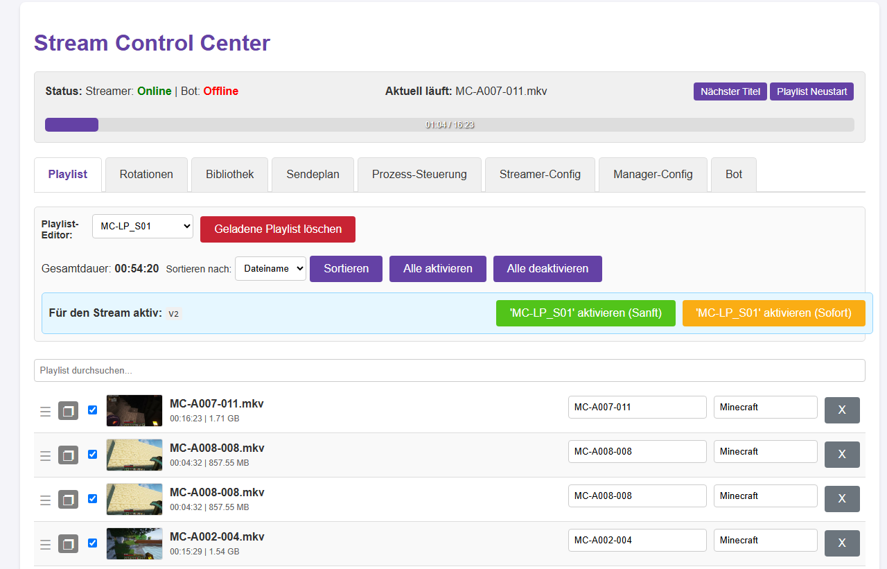 Dashboard des Stream Control Center für 24/7 Twitch Streams